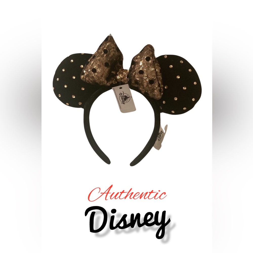 Disney Minnie Ears Headband - Black/Gold Sequin Polka-Dot Bow - w/Rhinestone